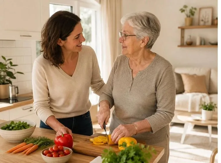 Préparation des repas à domicile : une auxiliaire de vie AUXI'life cuisine des légumes frais avec une personne âgée