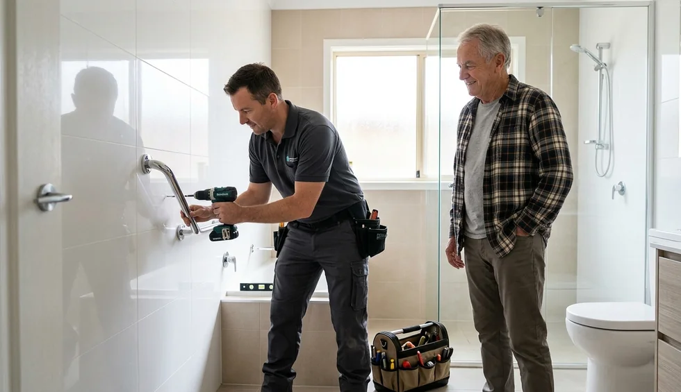 Prévention des chutes : un artisan installe une barre d'appui dans une salle de bain