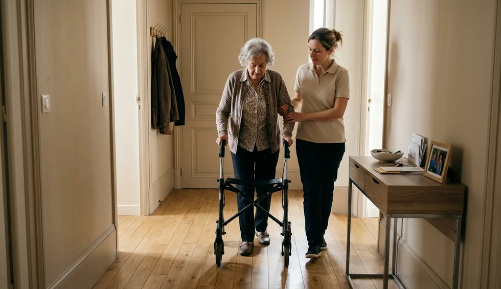 Prévention des chutes à domicile : une auxiliaire de vie accompagne une femme âgée qui se déplace avec un déambulateur