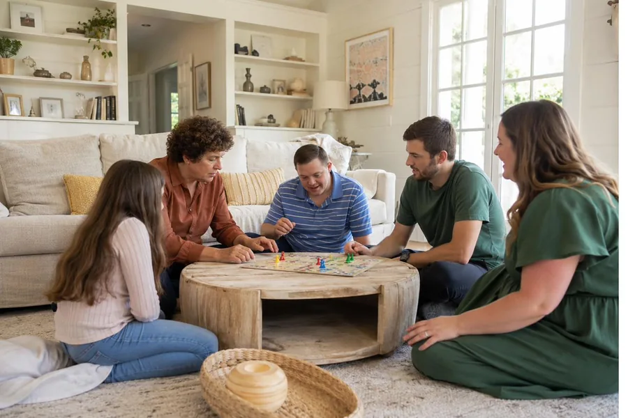 Habitants d'un logement partagé réunis autour d'un jeu dans leur espace de vie commun