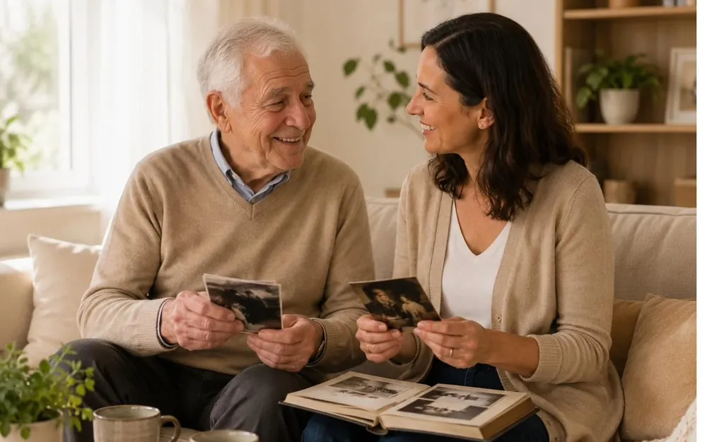 Répit pour les proches : une aidante partage un moment de complicité avec son père âgé autour d'un album photo, à domicile