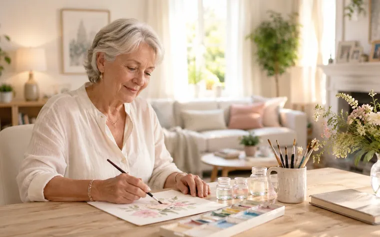 Une aidante prend un moment pour elle et peint à l'aquarelle, sereine, à son domicile