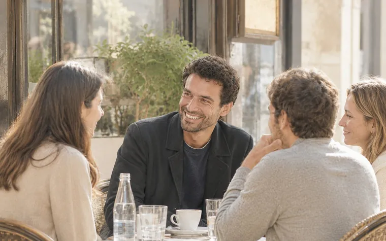 Une aidante retrouve ses amis autour d'un café en terrasse, un moment de vie sociale retrouvé