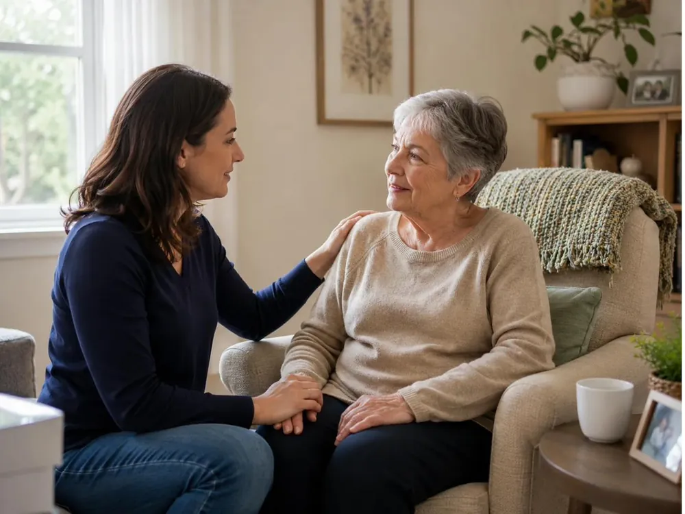 Une aidante partage un moment calme avec sa mère âgée à domicile, pendant que le relais est assuré