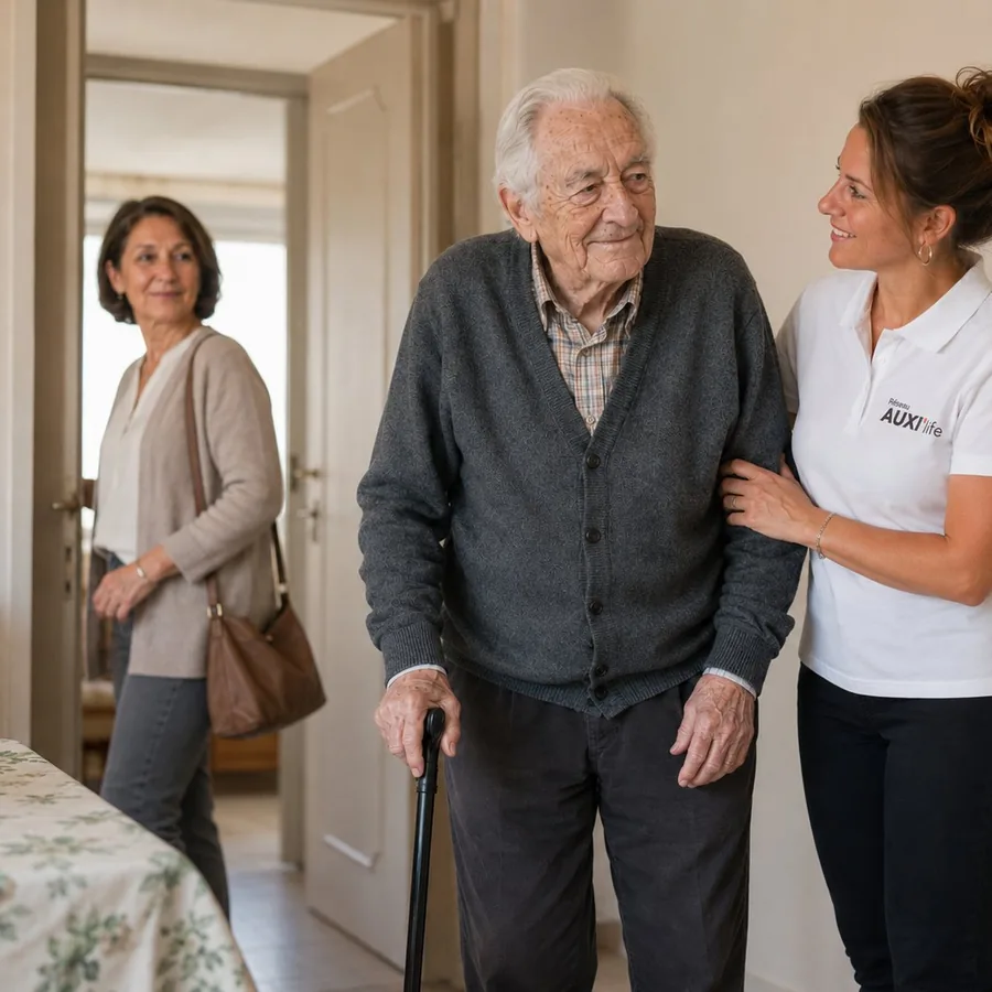 Solution de répit à domicile : une auxiliaire de vie du Réseau AUXI'life accompagne un homme âgé, sa fille rassurée à proximité