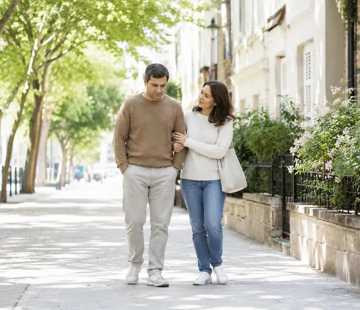 Un couple marche ensemble dans une rue arborée, un moment de répit pour le proche aidant