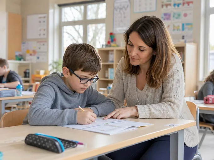 Un enfant travaille sur un cahier en classe, accompagné par une intervenante (auxiliaire de vie scolaire)