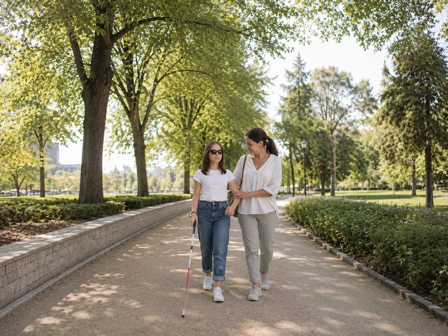 Aide à domicile pour le handicap sensoriel : une accompagnante AUXI'life guide une jeune femme malvoyante munie d'une canne blanche
