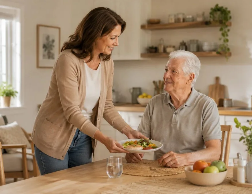 Service du repas à domicile : une intervenante du Réseau AUXI'life apporte un repas équilibré à un homme âgé