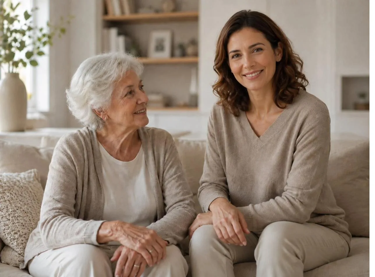 Une intervenante AUXI'life et une personne accompagnée échangent ensemble, assises côte à côte