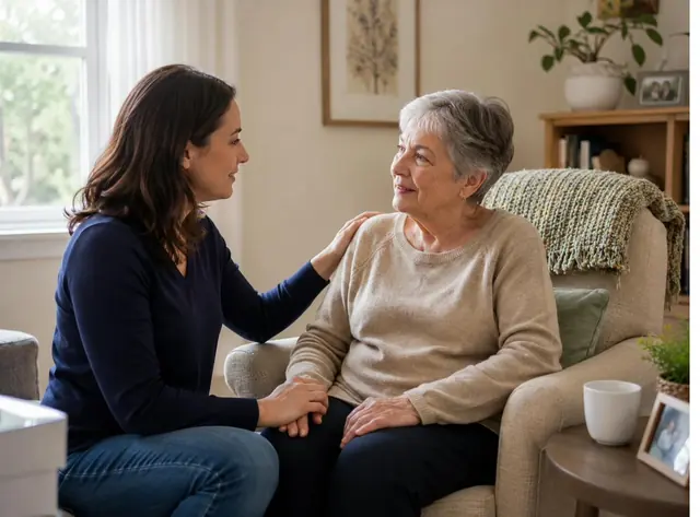 Une intervenante AUXI'life partage un moment de présence avec une femme âgée