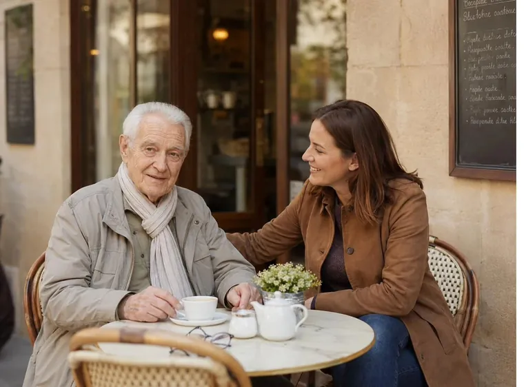 Soutien aux aidants : une femme prend un moment pour souffler autour d'un café avec son père âgé qu'elle accompagne au quotidien