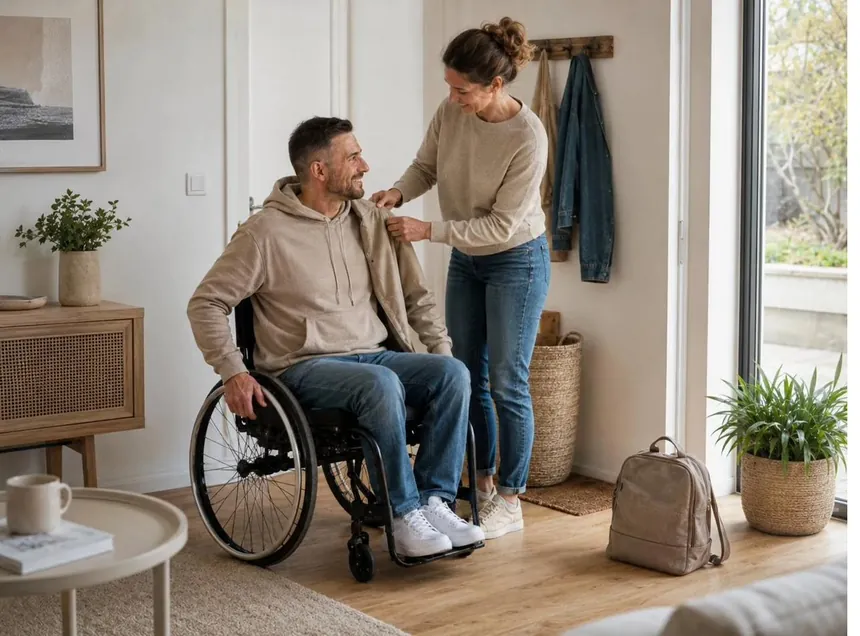 Les transferts : un homme en fauteuil roulant est accompagné pour un transfert en sécurité, par une auxiliaire de vie AUXI'life