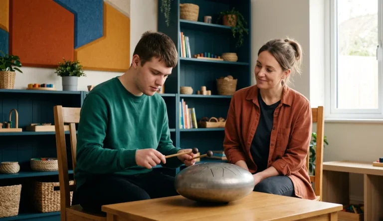 Troubles du comportement : un jeune adulte joue d'un instrument accompagné par une professionnelle