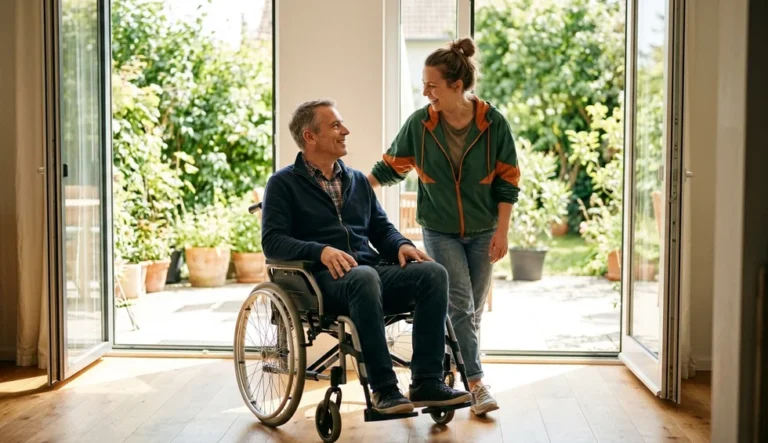 Vivre à domicile avec une SLA : un homme en fauteuil roulant accompagné par une auxiliaire de vie devant le jardin
